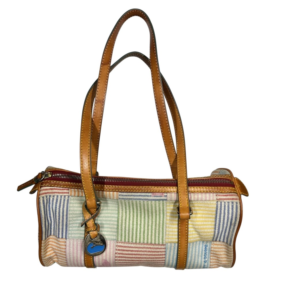 Vtg Y2K Dooney & Bourke Seersucker Patchwork Barrel Bag Logo Canvas Leather Trim